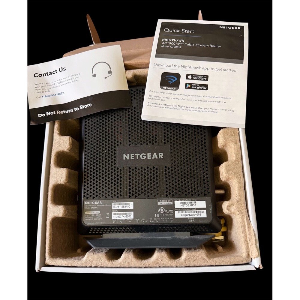 Netgear Nighthawk AC1900 WiFi Cable Modem Router C7000v2 Black DOCSIS 3.0 24x8